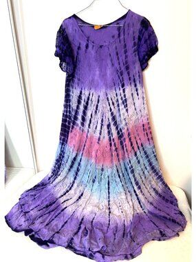 Sakkas Dress Womens Free Size Purple Tie Dye Short Sleeve Midi Pullover Boho